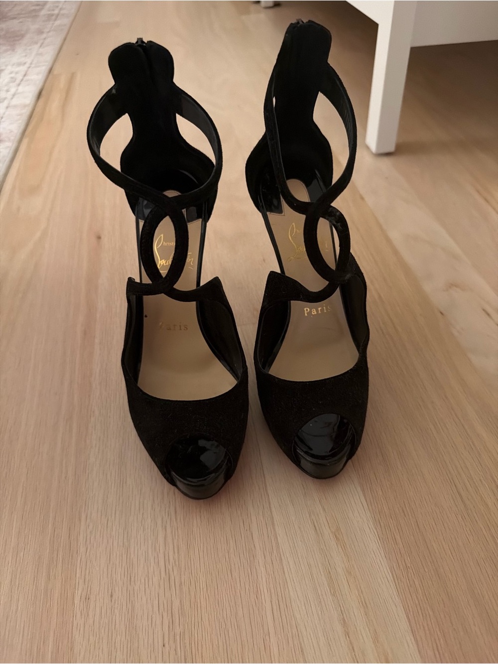 Christian Louboutin Black Suede Peep-Toe Heels with Sculpted Ankle Straps
